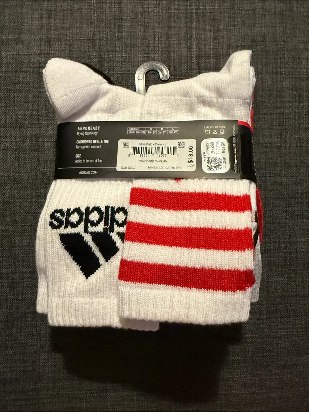 adidas Youth Cushioned Crew Socks - Red & Light Gray - 6 Pack